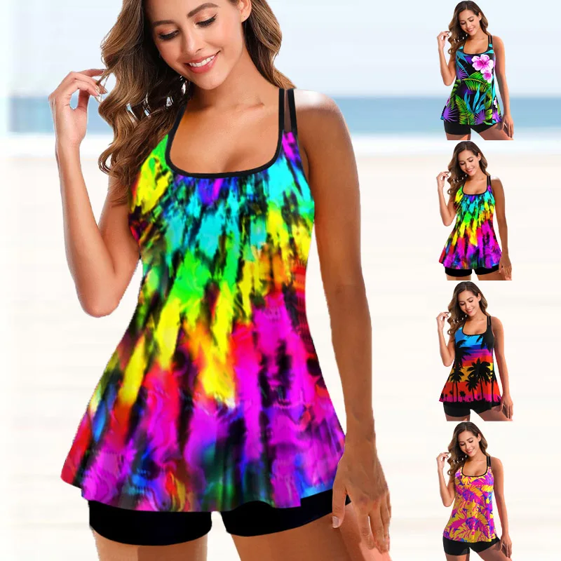 

New Women Leaf Printed Swimsuit Vintage Sexy Backless Tankini Set Female Summer Beach Two Pieces Swimwear Bathing Suit Plus Size