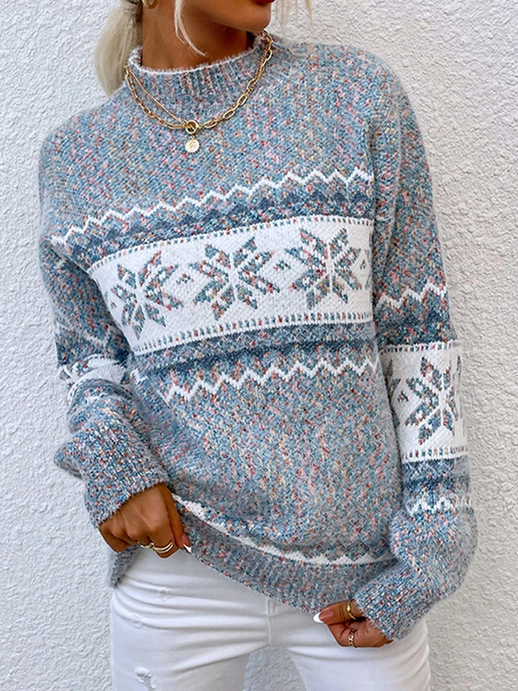 

Рождественские свитера, женские вязаные пуловеры в виде снежинок, женские зимние теплые свитера с воротником средней длины, женский модный свободный Шикарный джемпер