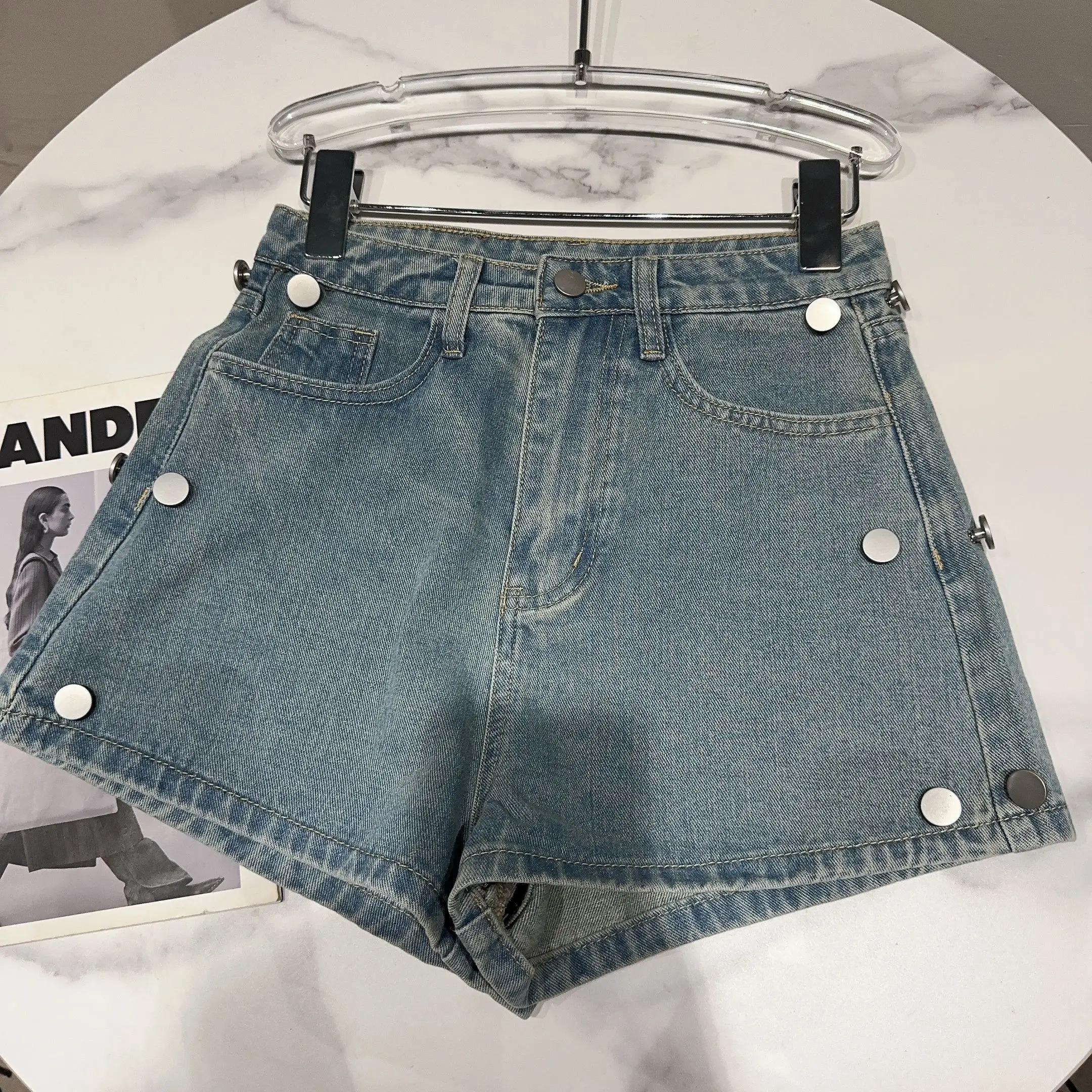 Street Hot Girl Side Buckle Skirt Fake Two-Piece Washed Denim Shorts Pantskirt Women's 2023 Summer New High Waisted Jeans Shorts