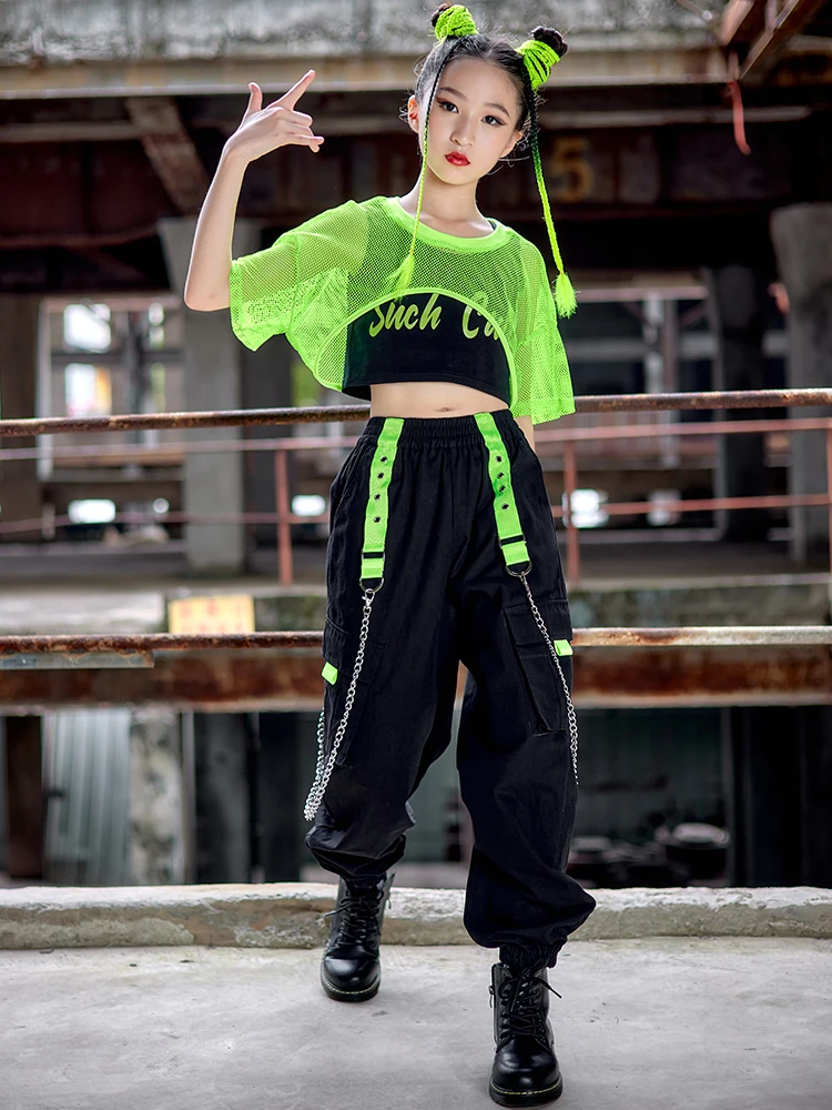 Hip Hop Girls Clothes Jazz Dance Costume Green Net Tops Black Pants Modern Street Dance Wear Kpop Performance Stage Wear BL8602 girl dance costume