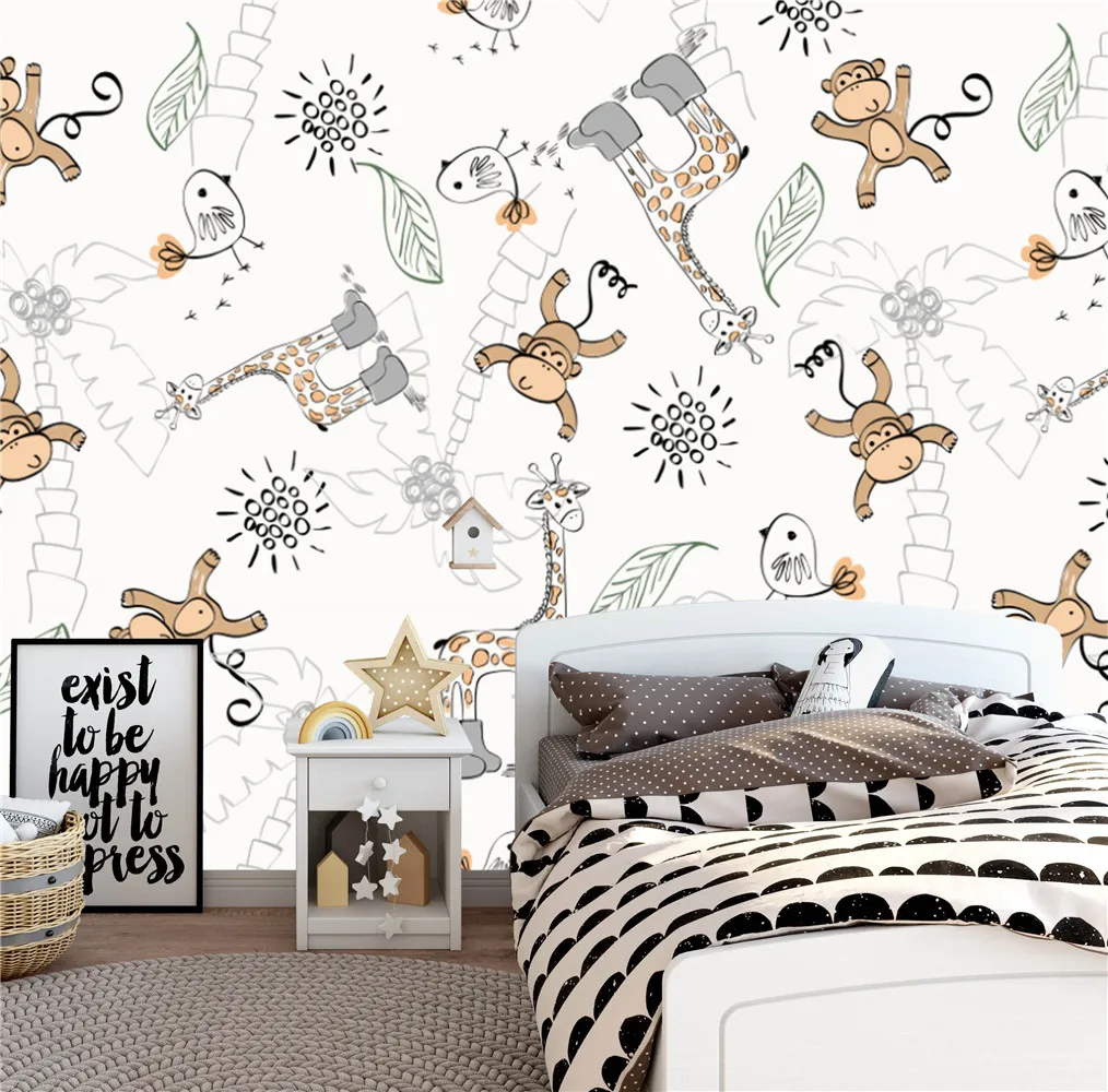 

Monkey Giraffe Environmental Protection Children's Room Warm 3d Wallpaper Mural Custom Bedroom Kindergarten Background Wall