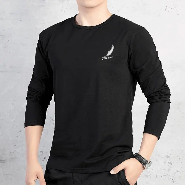 

Men's Feather Long Sleeved T-shirt Korean Version Loose Youth Pullover Loose Bottom Shirt Large Men's Youth Clothing Top