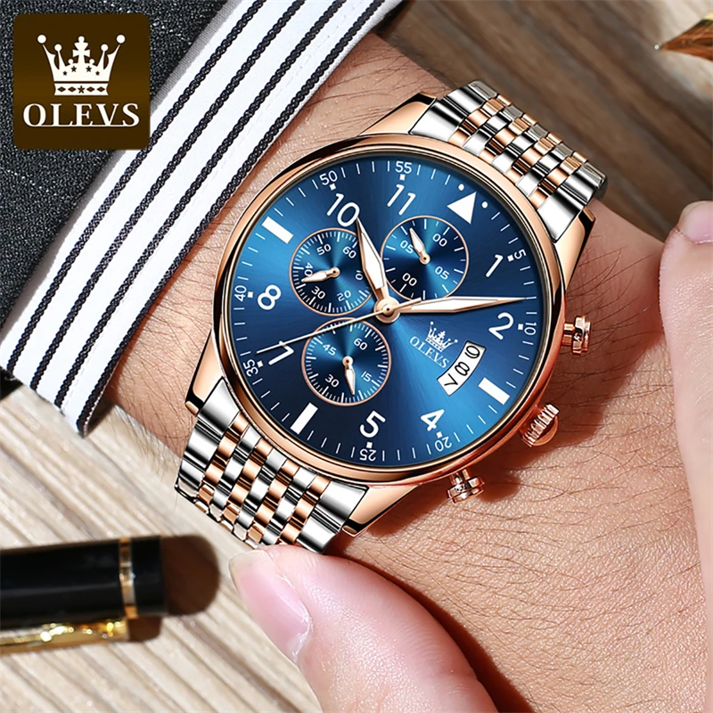OLEVS Sport Chronograph Quartz Watch for Men Stainless Steel Waterproof Luminous Mens Watches Top Brand Luxury Relogio Masculino