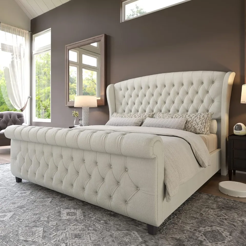 Elegant Chenille Upholstered Queen Size Bed Frame