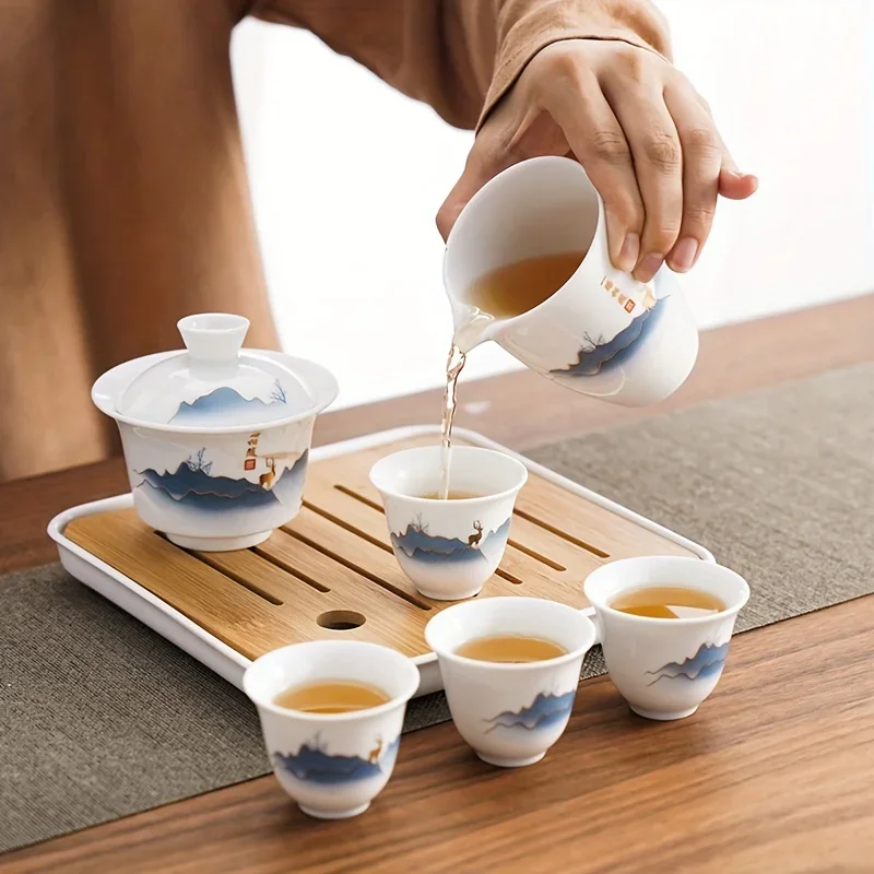 Ceramic Chinese Kung Fu Tea Set Suitable For Travel Camping Portable Gaiwan Tea Tray With 4 Cups tea infuser tea cup tea ceremony tools tea set
