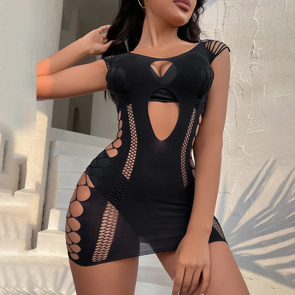 Women's Sleeveless O-neck Bodycone Mini Dress Fishnet See Through Hollow Backless Sexy Ladies Short Dresses 4