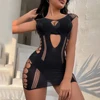 Women's Sleeveless O-neck Bodycone Mini Dress Fishnet See Through Hollow Backless Sexy Ladies Short Dresses 4