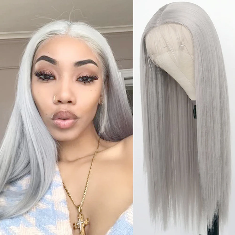 Silver Grey Lace Front Synthetic Hair Wigs Pre Plucked Lace Wig For Women Middle T Part Wig Glueless