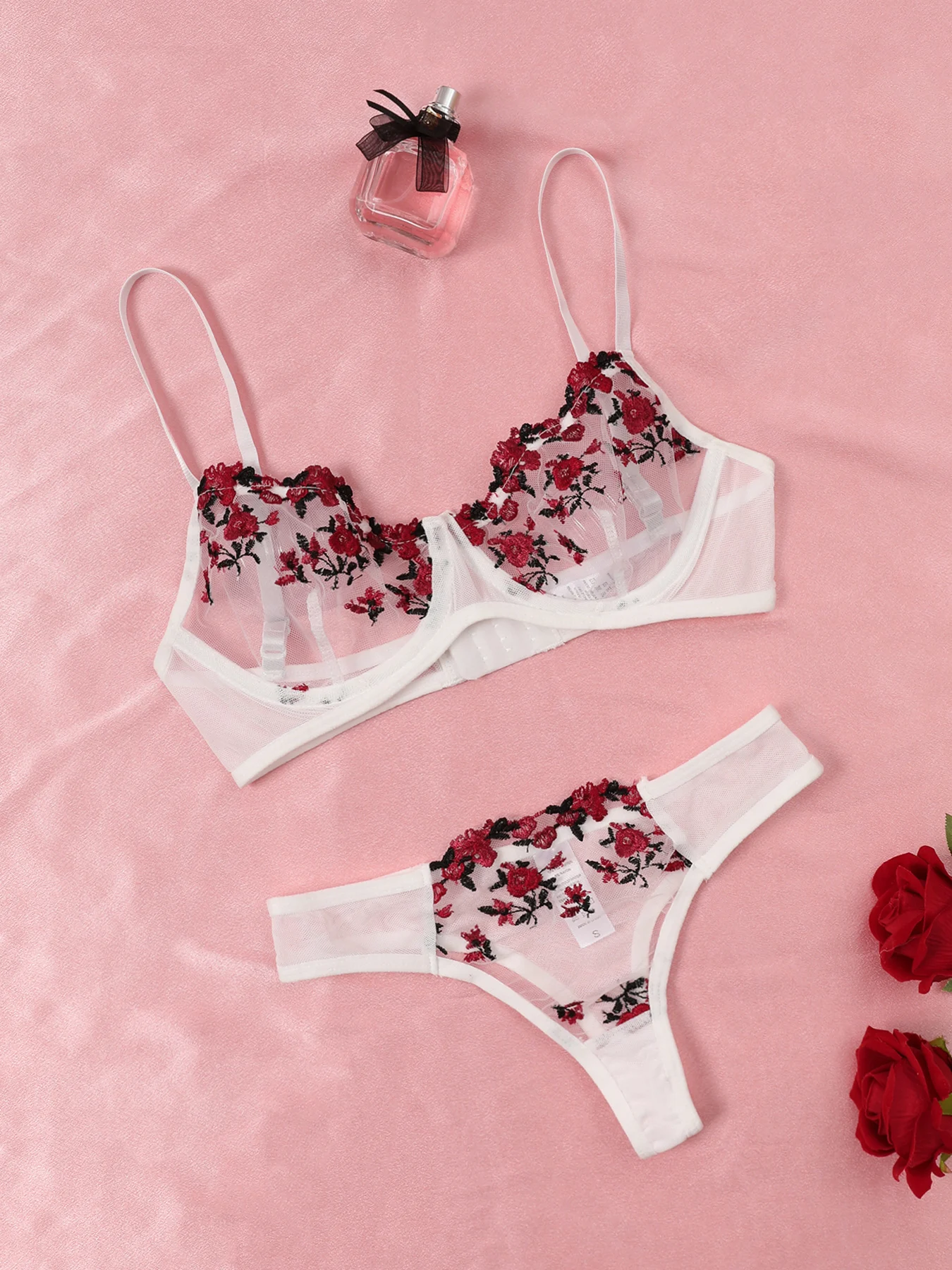 Elegant Lace Embroidered Semi-Sheer Bralette and Panty Set