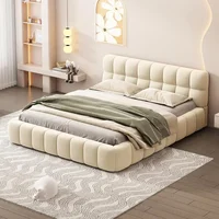 Modern Queen Upholstered Bed Frame with Wingback, Linen Low Plattform Bed, No Box Spring Needed Beige 1