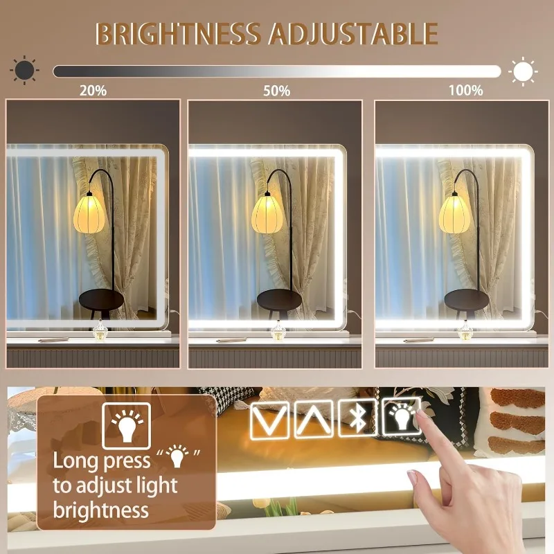 Vanity Mirror with Lights and Bluetooth Speaker, 47.2" x 29.5" LED Makeup Mirror, Lighted Makeup Mirror with Dimmable 3 Modes
