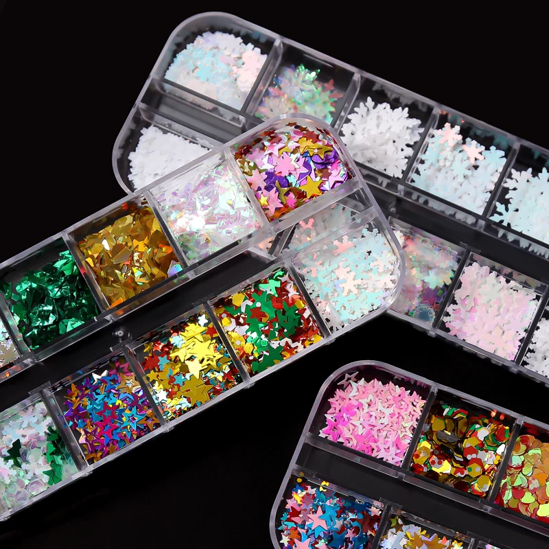 

12Grides/Box Holographic Glitter Flakes Nail Art Sequins Mixed Snowflakes Star For Nails Tips Manicure Symphony Shiny Glitters #