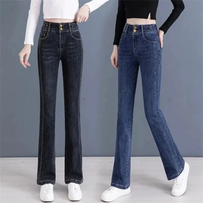 Casual Straight Kot Pantolon Stretch Vaqueros Winter Thicken Warm Flare Denim Pant Women Slim High Waist Plush Velvet Lined Jean