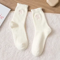 Cozy Mink Velvet Bow Plush Socks - Warm Fluffy Hosiery (Pink)