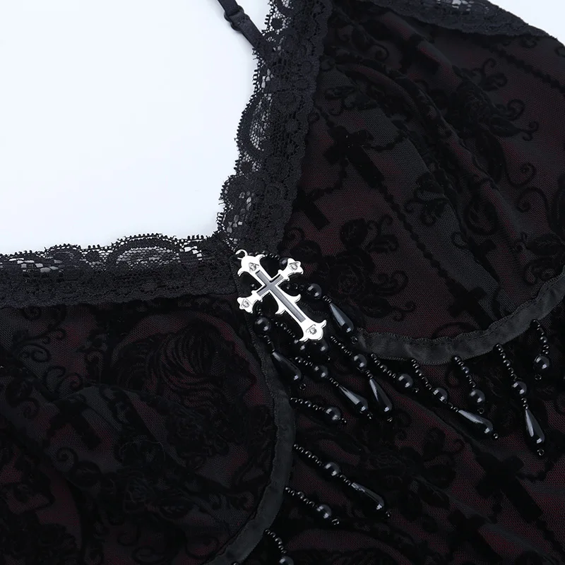 Vintage Mall Gothic Flocking Camisole Women Aesthetic Fairycore Grunge Y2k E-girl Lace Patchwork Beading Crop Tank Tops 6