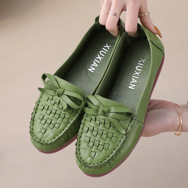 Genuine Leather weave style Women Shoes Ladies Round Toe Casual