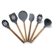 

Cooking Kitchenware Tool Silicone Utensils With Wooden Multifunction Handle Non-Stick Spatula Ladle Egg Beaters Shovel