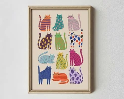 Whimsical Abstract Cat Pop Art - Colorful Modern Animal Wall Art Poster - 50x70cm Unframed (WHITE)