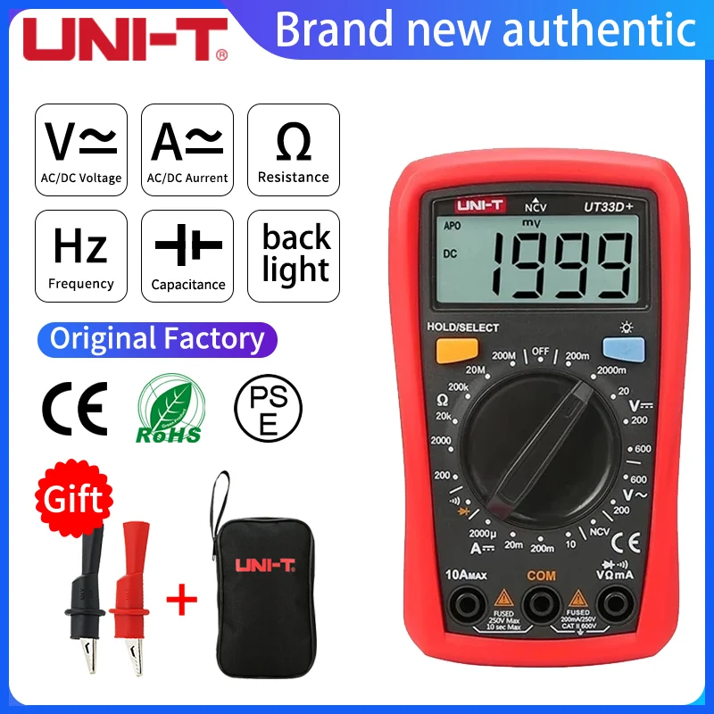 

UNI-T UT33D+ Mini Digital Multimeter 600V NCV Palm Size Manual Range AC DC Voltmeter Ammeter Resistance Capatitance Tester