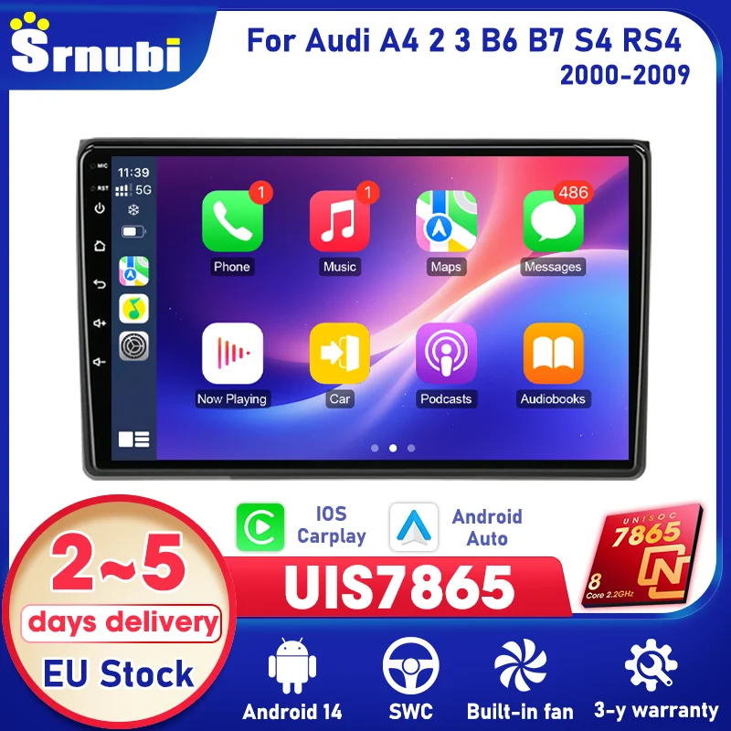 Radio para coche Srnubi, navegación GPS, reproductor multimedia de vídeo, Android Auto de 9 pulgadas, 5GHz, WIFI, RDS, marco para Audi A4 2 3 B6 B7 S4 RS4 2000-2009, Carplay inalámbrico, EQ estéreo 1