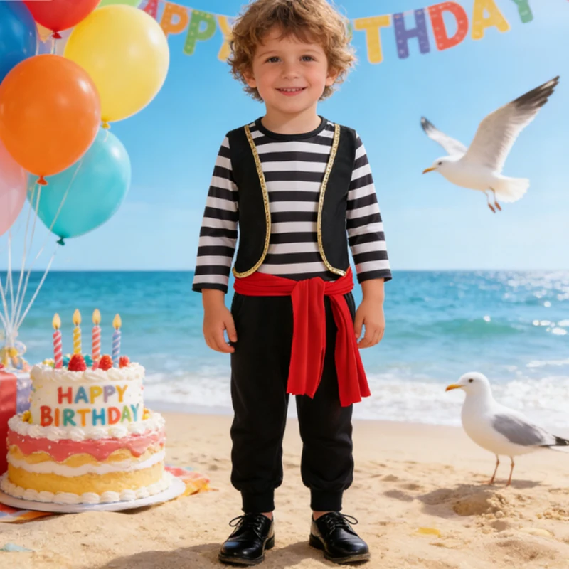 2026 Carnival Costume Boy Captain Sets Pirate Costume For Kids Striped Long Sleeve Top +Pant Suit With Eye Patch Hat Pirate Set 1