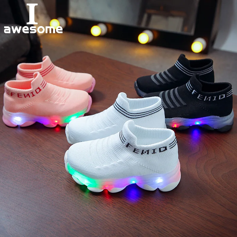 

Kids Socks Sneakers Children Baby Girls Boys Letter Mesh Led Luminous Sport Run Sport Sneakers Sapato Infantil Light Up Shoes