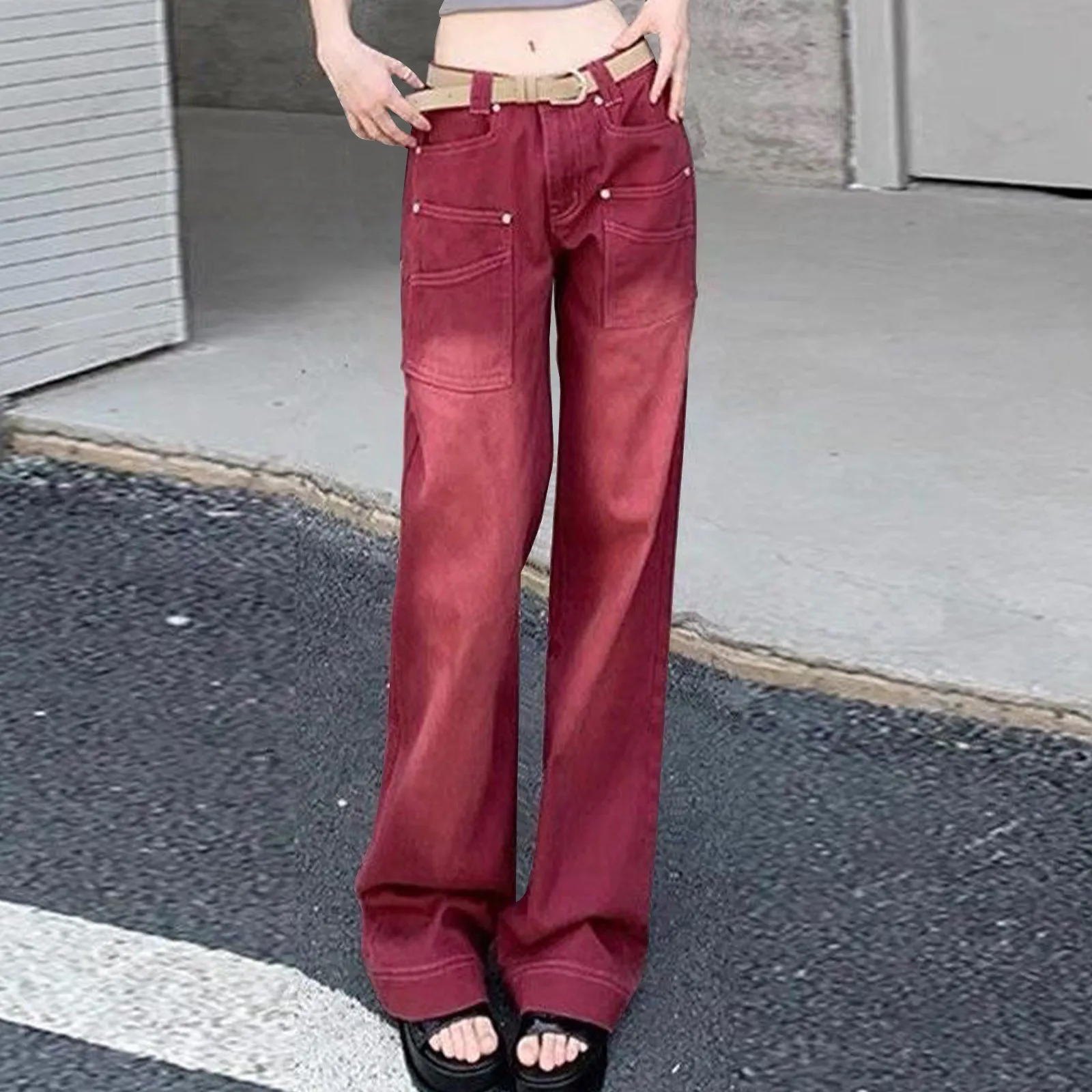 Women's Slim and Versatile Loose Fitting Trendy Floor Mops Low Waist Y2K Flare Jeans Retro 2000s Denim Pants Casual Streetwear