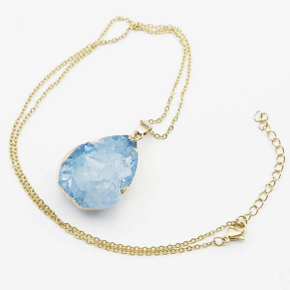 Natural Raw ore Stone Water Drop Agate Crystal Gold Edged Pendant Stainless Steel Chain Necklace Exquisite Jewelry Accessory4Pcs