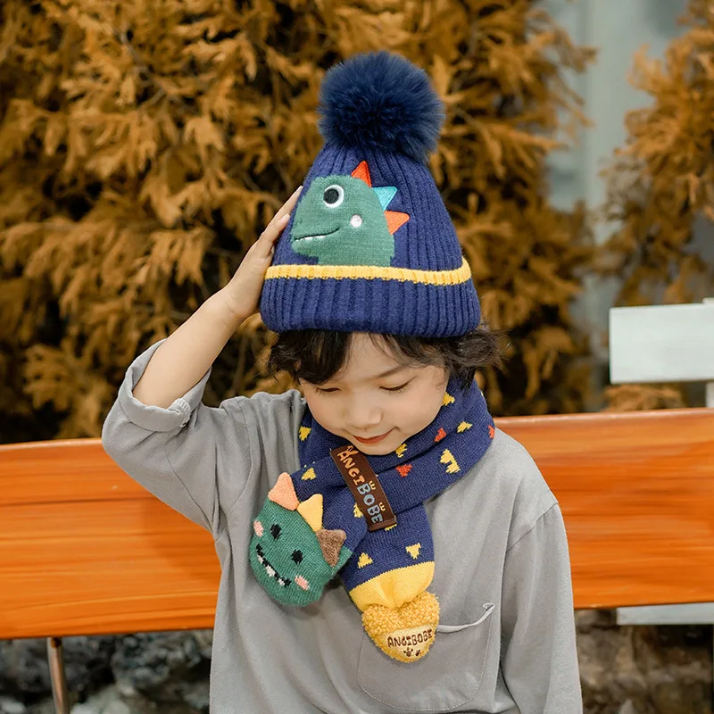 Cartoon Dinosaur Unicorn Kids Winter Hat Scarf Baby Autumn Cap Children Warm Hats For Boys Suit Beanie Hats Scarfs For Girls