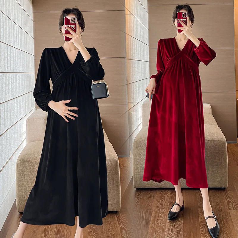 

Maternity Dress Autumn Fashion V-Neck Seven-point Sleeve Pleuche Clothes for Pregnant Women High Waist Slim Pregnancy Long Dress