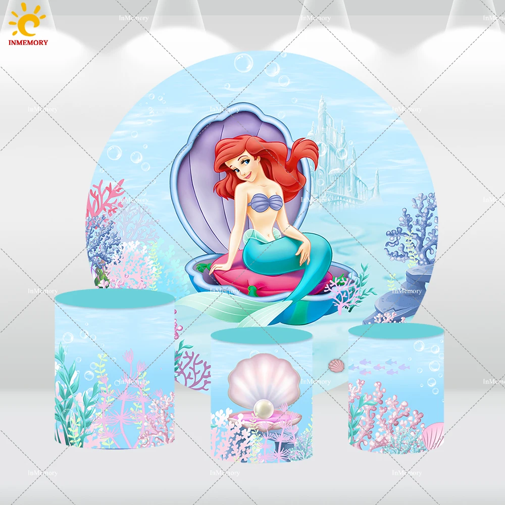 Princess Ariel Mermaid Birthday Round Circle Fondale Sotto Il Mare Sirenetta Sfondo Photobooth Table Cilindro Covers