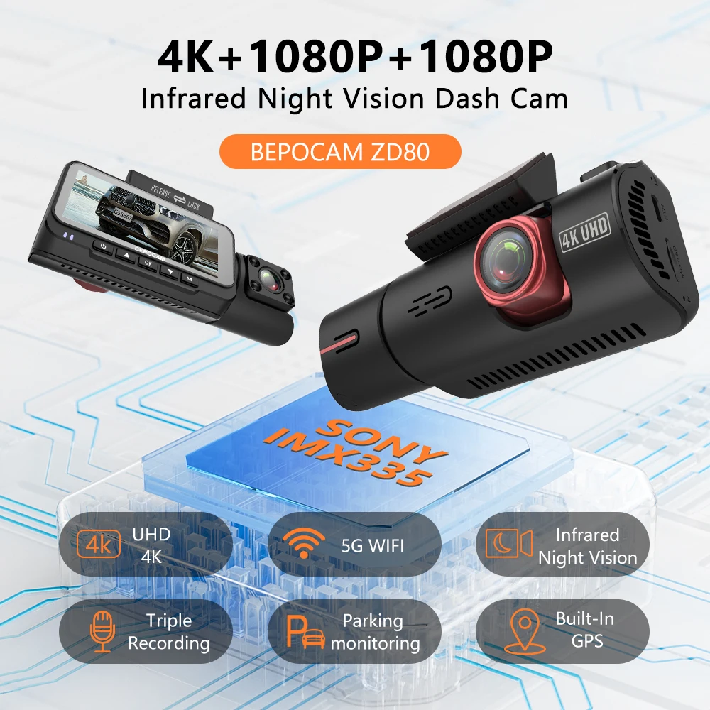 Dash Cam BEPOCAM ZD80 4K+1080P+1080P Dash Cam 3 Cameras Built-In GPS Tracker 5G WiFi Infrared Night Vision Car DVR Vehicle Dash Camera