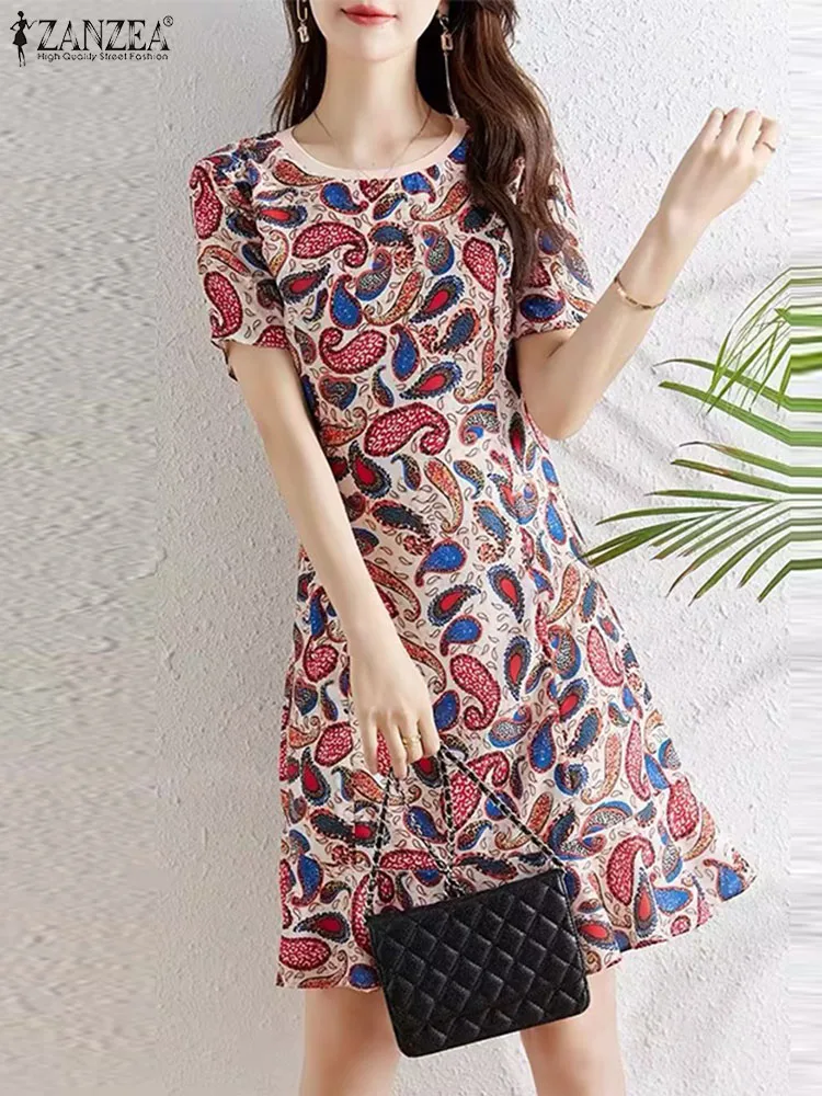 

Платье ZANZEA женское с принтом, элегантный повседневный рабочий богемный сарафан с коротким рукавом, с оборками на подоле, с круглым вырезом, на лето