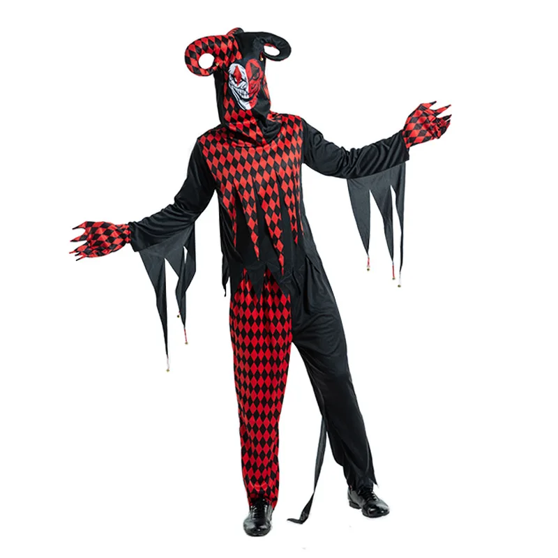 

Black and Red Plaid Man Halloween Circus Scary Clown Costumes Droll Joker Cosplay Carnival Purim Nightclub Role Play Party Dress