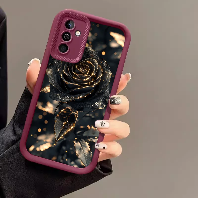 Elegant Black Gold Rose Flower Silicone Phone Case - Soft Cover Skin
