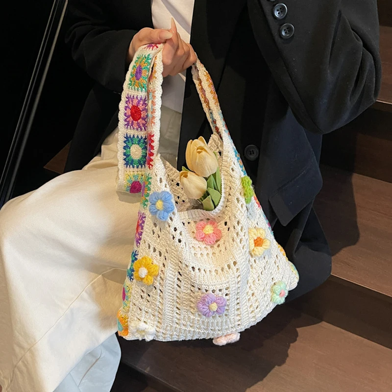 Women Cute Knitting Tote Bag Wear Resist Lovely Woven Shoulder Bag Stylish Knit Shoulder Bag Seaside Trip Shopping Beach Bag