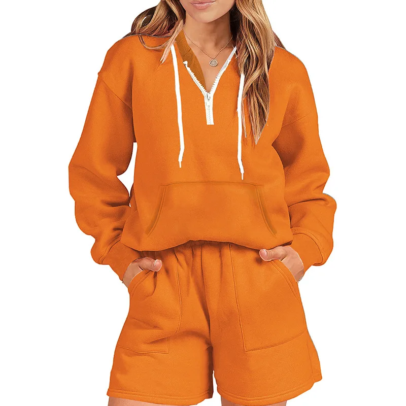 Autumn and Winter Women's Pullover Contrast Pocket Drawstring Zipper Sweater Elastic High Waist Shorts Set Fashion Casual Tops