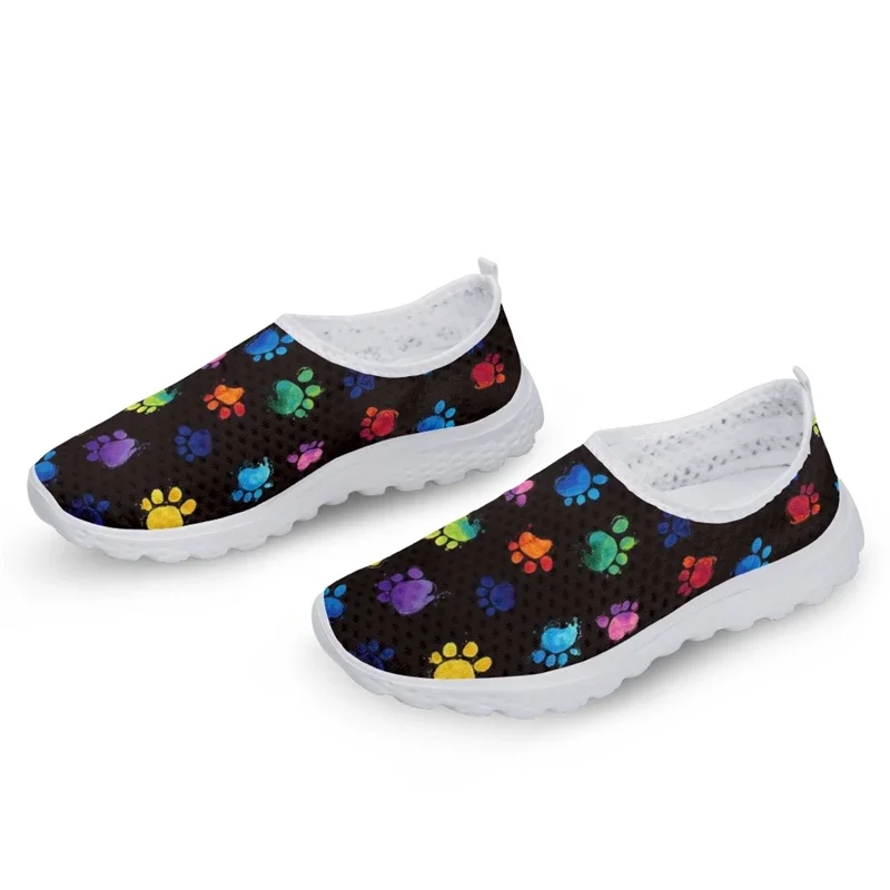 Mesh Women Casual Shoes Rainbow Color Dog Paw Pattern Printing Breathable Flats Female Slip On Sneakers Sapato Lady