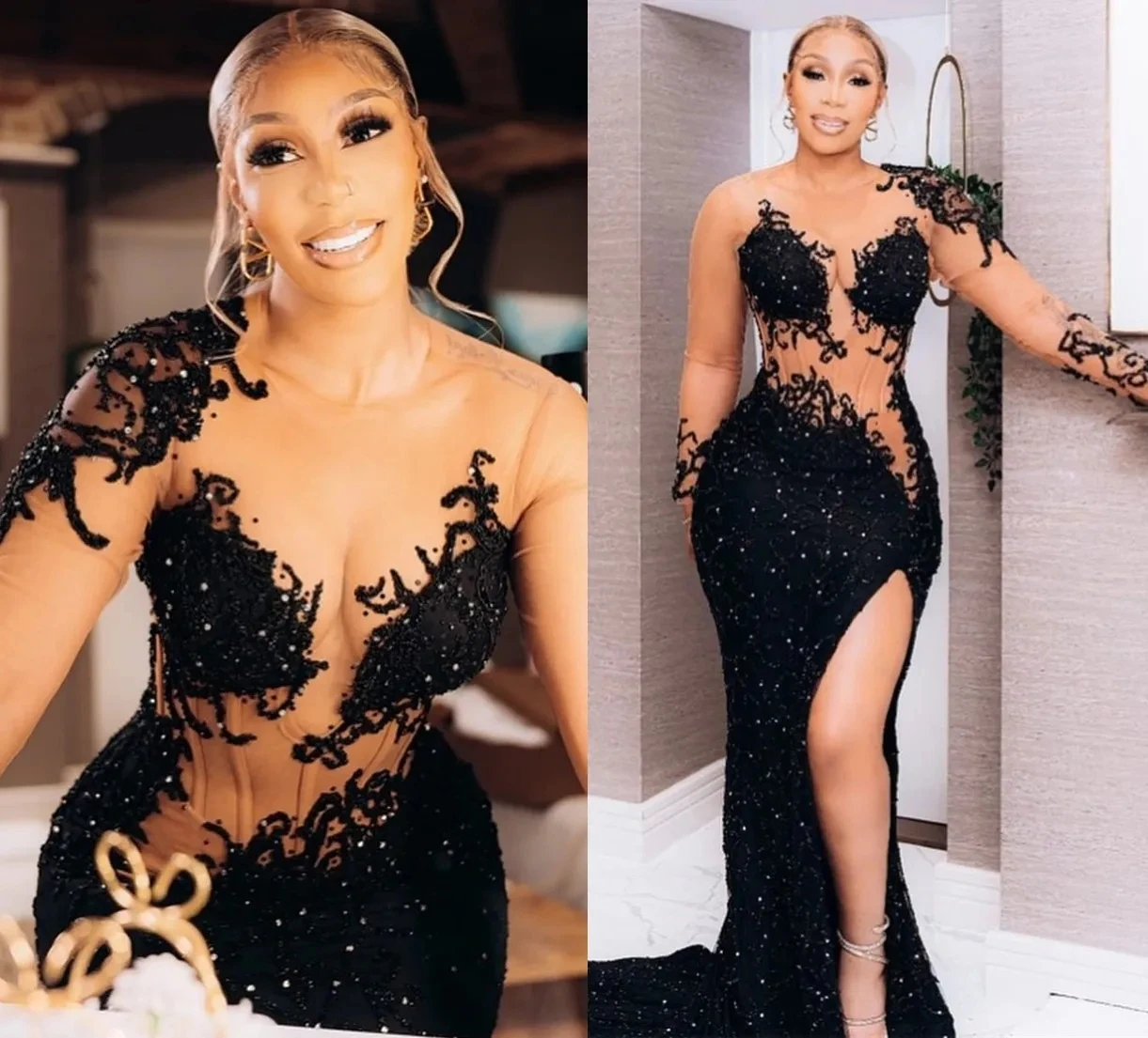 

Plus Size Arabic Black Mermaid Sparkly Prom Dresses Lace Beaded Evening Formal Party Second Reception Engagement Gowns Dress
