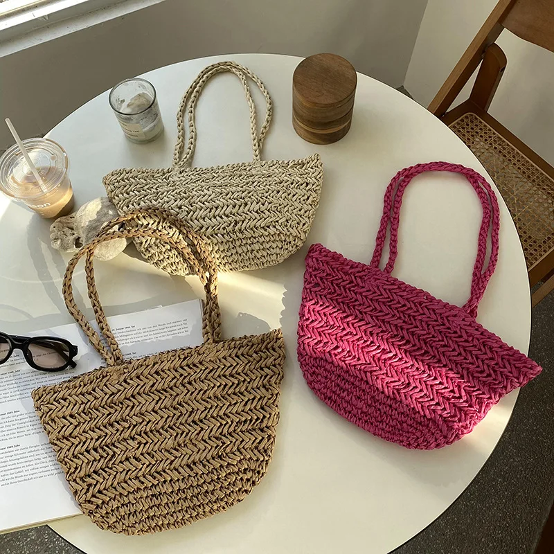 Handmade Woven Straw Bag Bohemian Hollow Basket Bags for Women Paper Rope Women Designer Handbags Travel Beach Shoulder Bag Tote