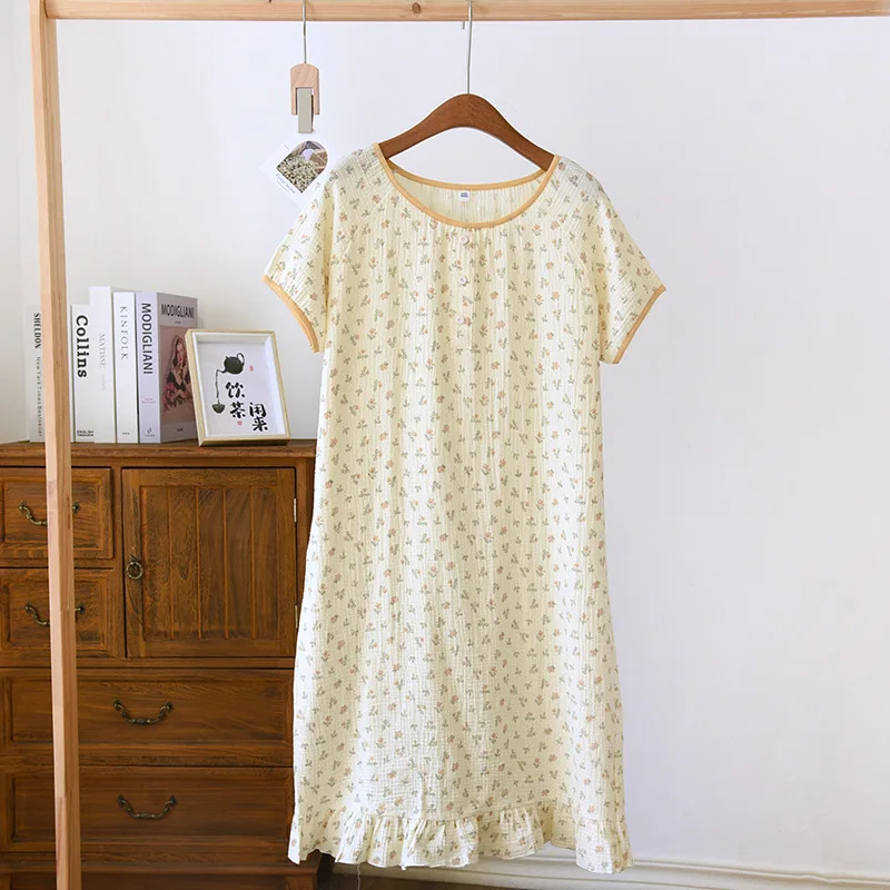 

Women's Summer New Short Sleeve Large Loose Sleeping Dress Cute Thin All Cotton Homewear Pajama Print Round Neck Midlength