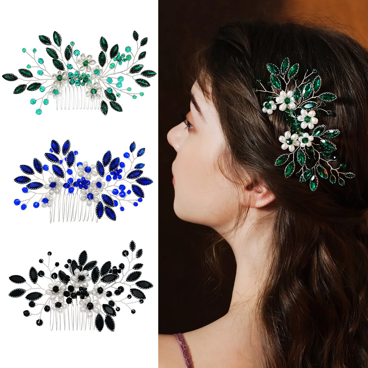 Rhinestone Hair Combs for Bride Wedding Black/Blue/Green Color Crystal Hairpins Flower Pearl Headpiece Handmade Hair Jewelry