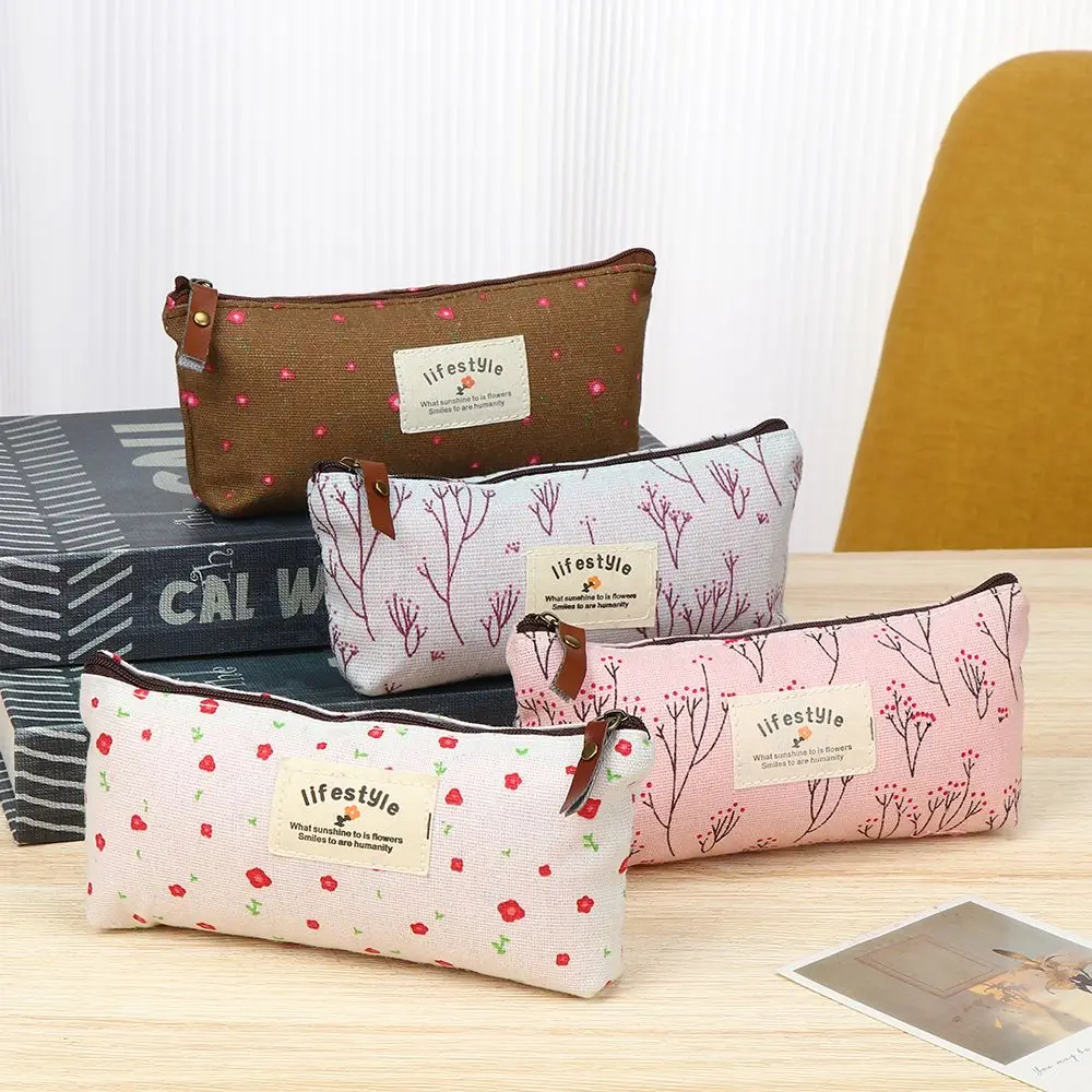 

Cute Cosmetic Bag Floral Flower Canvas Zipper Pencil Cases Lovely Fabric Flower Tree Pen Bags School Supplies Free Shipping