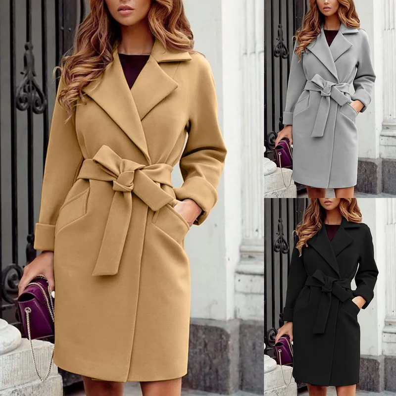 Spring Elegant Lapel Wool Long New Coat Retro Solid Color Fashion Warm Queen Slim Coat with Belt Woman Winter Coats and Jackets