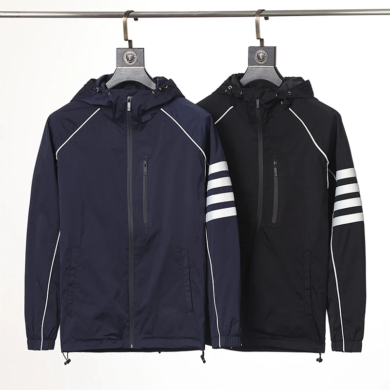 

TB THOM Outdoor Coat Men's Classic 4-Bar Striped Hooded Zipper Jacket Fashion Casual Comfortable Sports Windbreaker