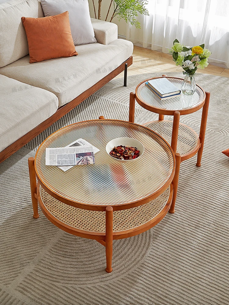 living room, household solid wood small unit, circular edge, Japanese style rainbow glass cherry wood low table, minimalist