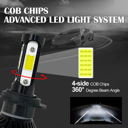 360 도 12V H7 H8 H9 H11 Led 헤드 라이트, 9005 HB3 9006 HB4 6000K 흰색 자동 안개등 COB LED 자동차 헤드 라이트, 2 개 6