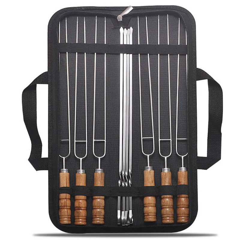 Barbecue Skewers 10 PCS/Set Stainless Steel Wire Wood Handle Grill Roasting Sticks Outdoor Camping BBQ Tools Storage Bag Kit