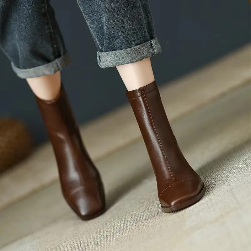 Square Toe Women Ankle Boots Flock Stretch Shoes Thin Mid Heels Black/Brown/Beige Back Zipper Dress Sock Boots Woman Size 34-40