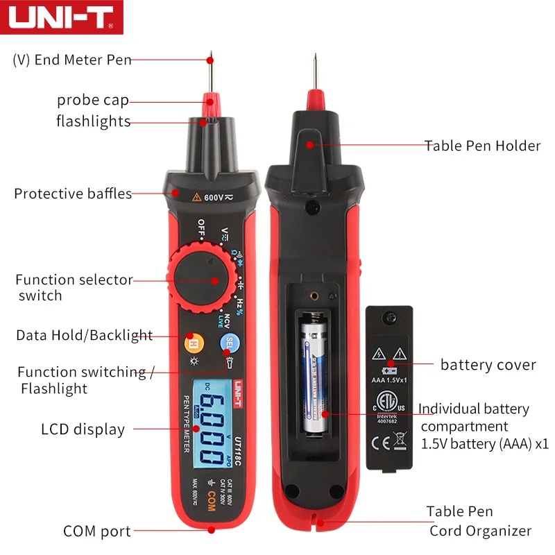 UNI-T UT118C Digital Multimeter Pen Type 6000 Counts with Non Contact AC/DC Voltage Resistance Diode Continuity Tester Tool
